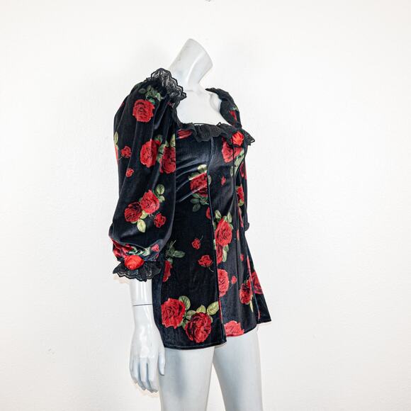 For Love & Lemons Yara Printed Velvet Mini Dress Black rose red size 2XS - Picture 5 of 13